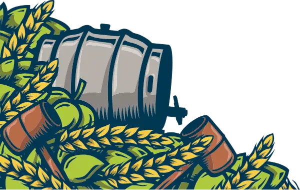 Illustration showing a cask keg sitting on top of hops and barley.