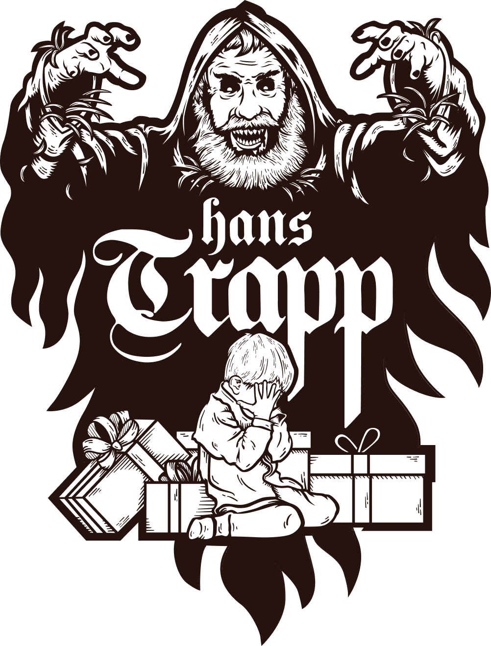 Artwork depicting hans trapp an old german holiday folktale with a child crying underneath.