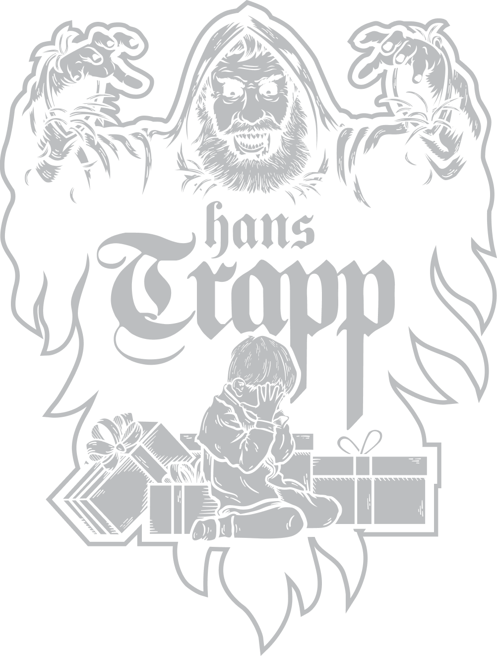 Artwork depicting hans trapp an old german holiday folktale with a child crying underneath.