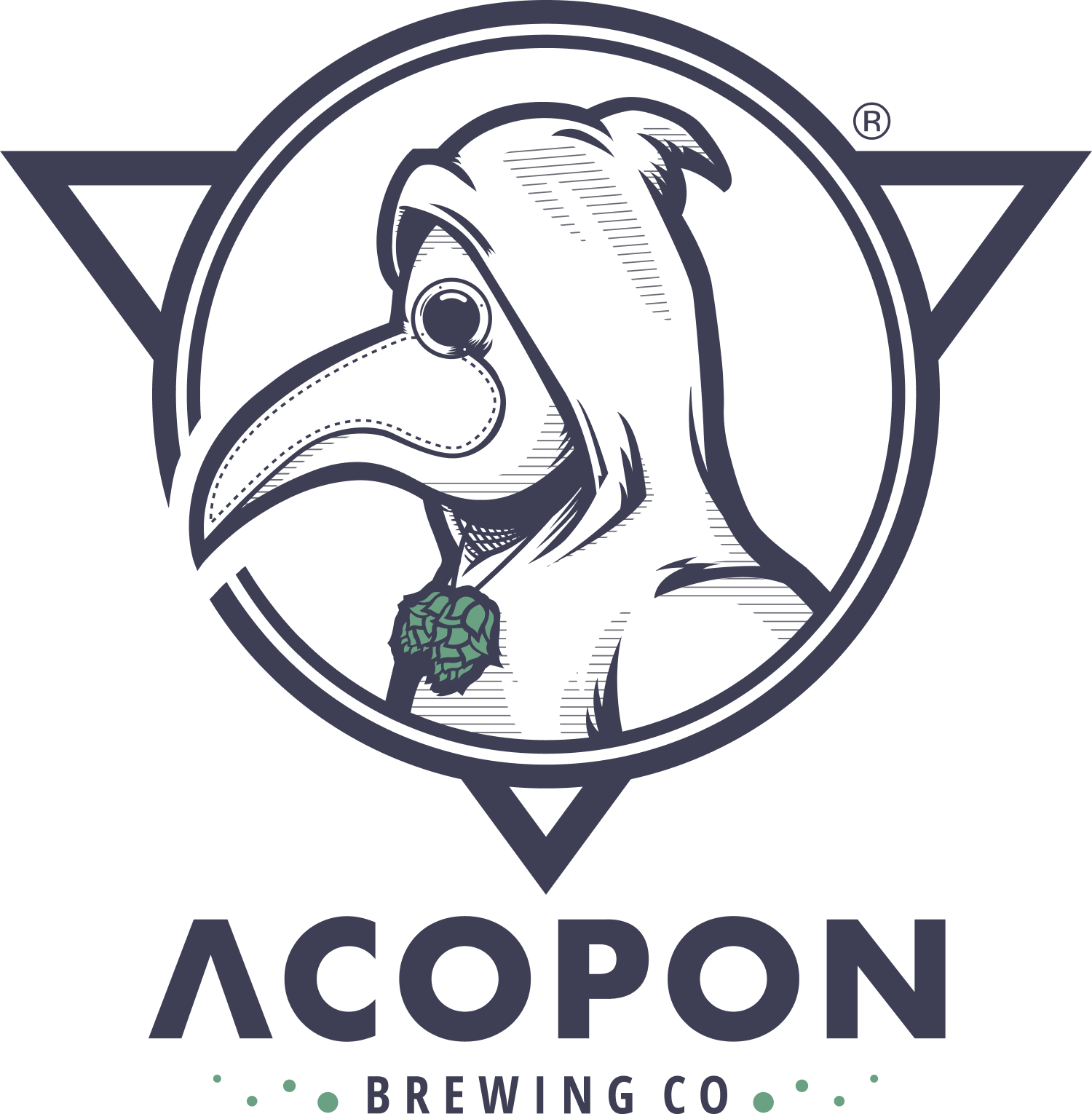 Primary logo for Acpopon Brewing Co. depicts a plague doctor facing left with the name underneath.