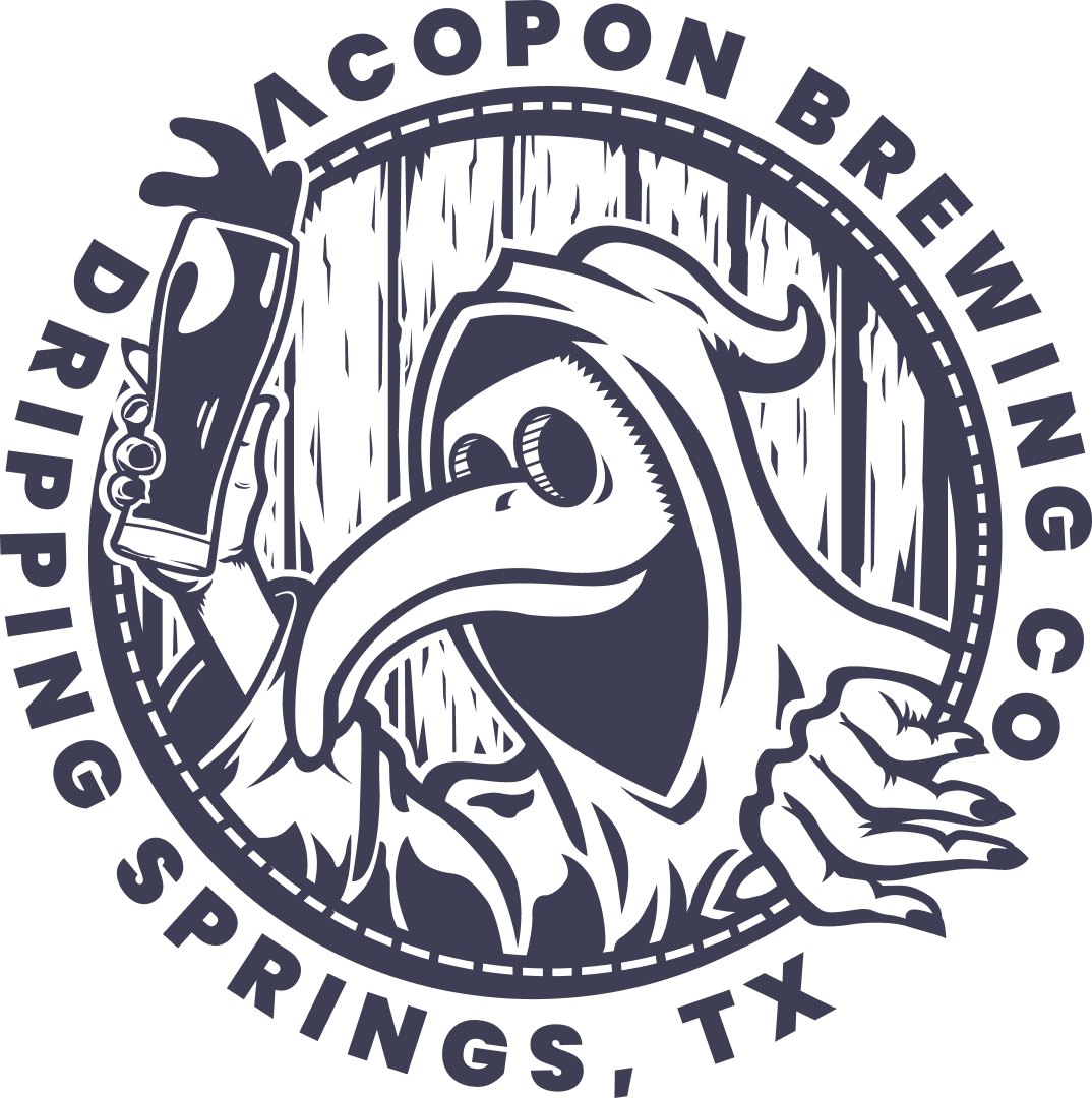 Secondary logo for Acpopon Brewing Co. depicts a plague doctor facing left with the name underneath.