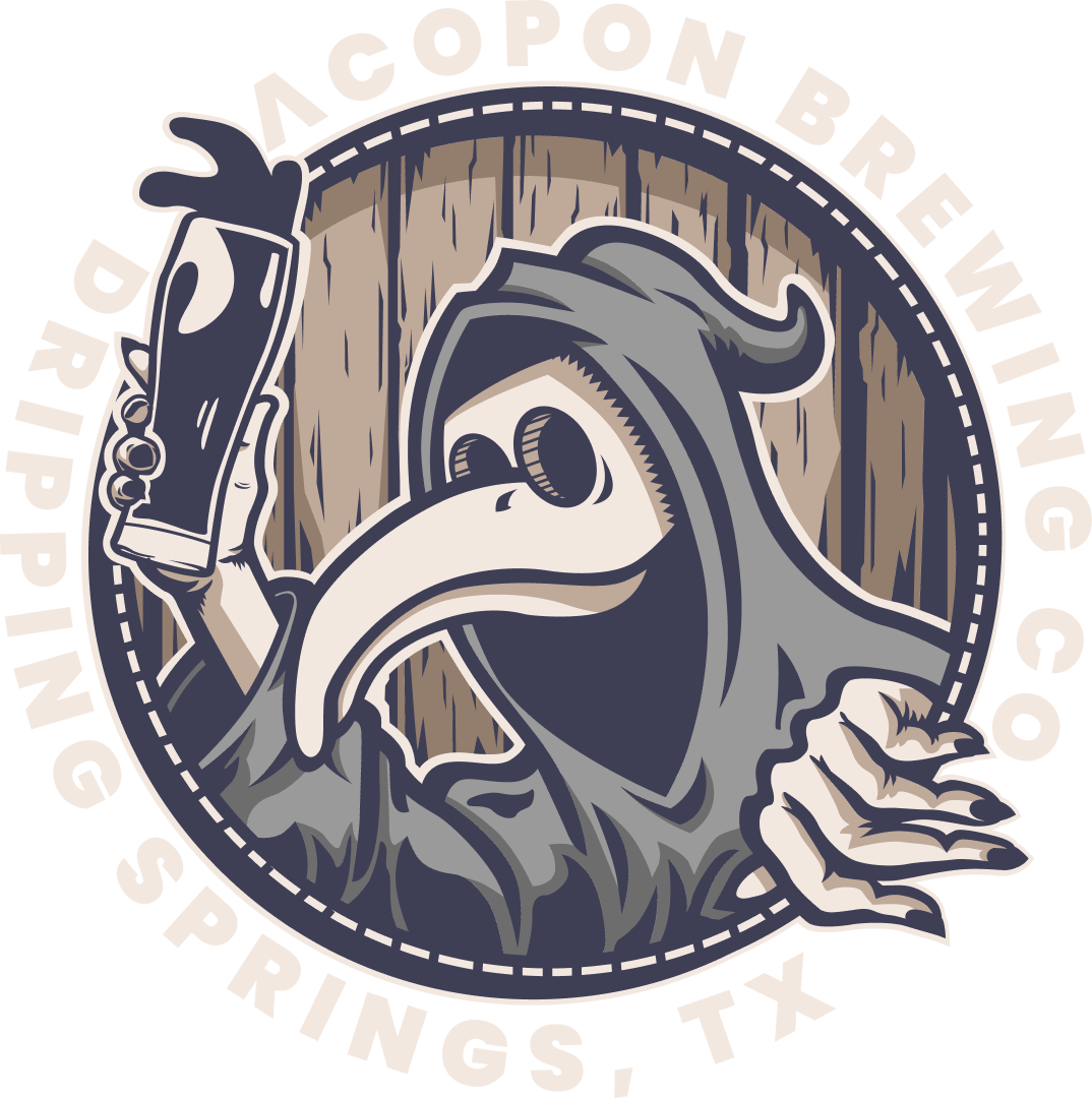 Secondary logo for Acpopon Brewing Co. depicts a plague doctor facing left with the name underneath.