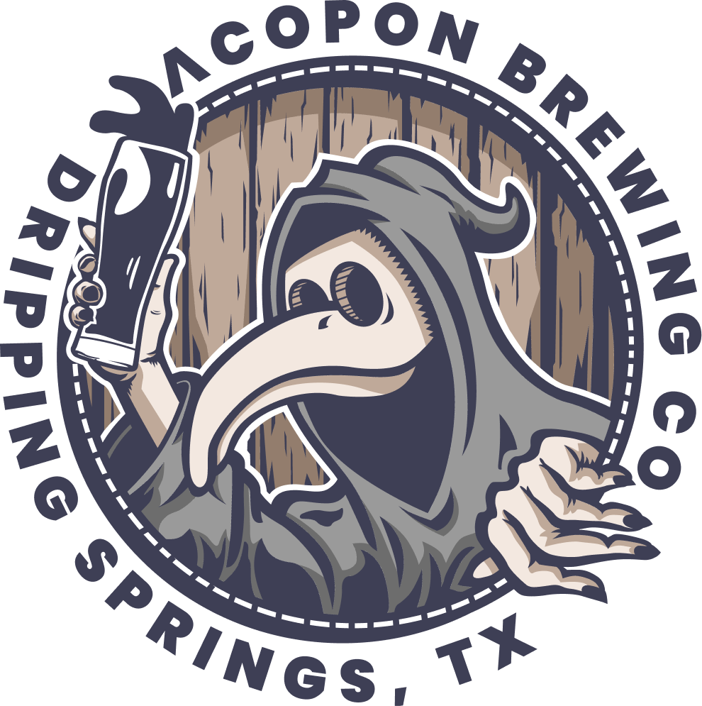 Secondary logo for Acpopon Brewing Co. depicts a plague doctor facing left with the name underneath.